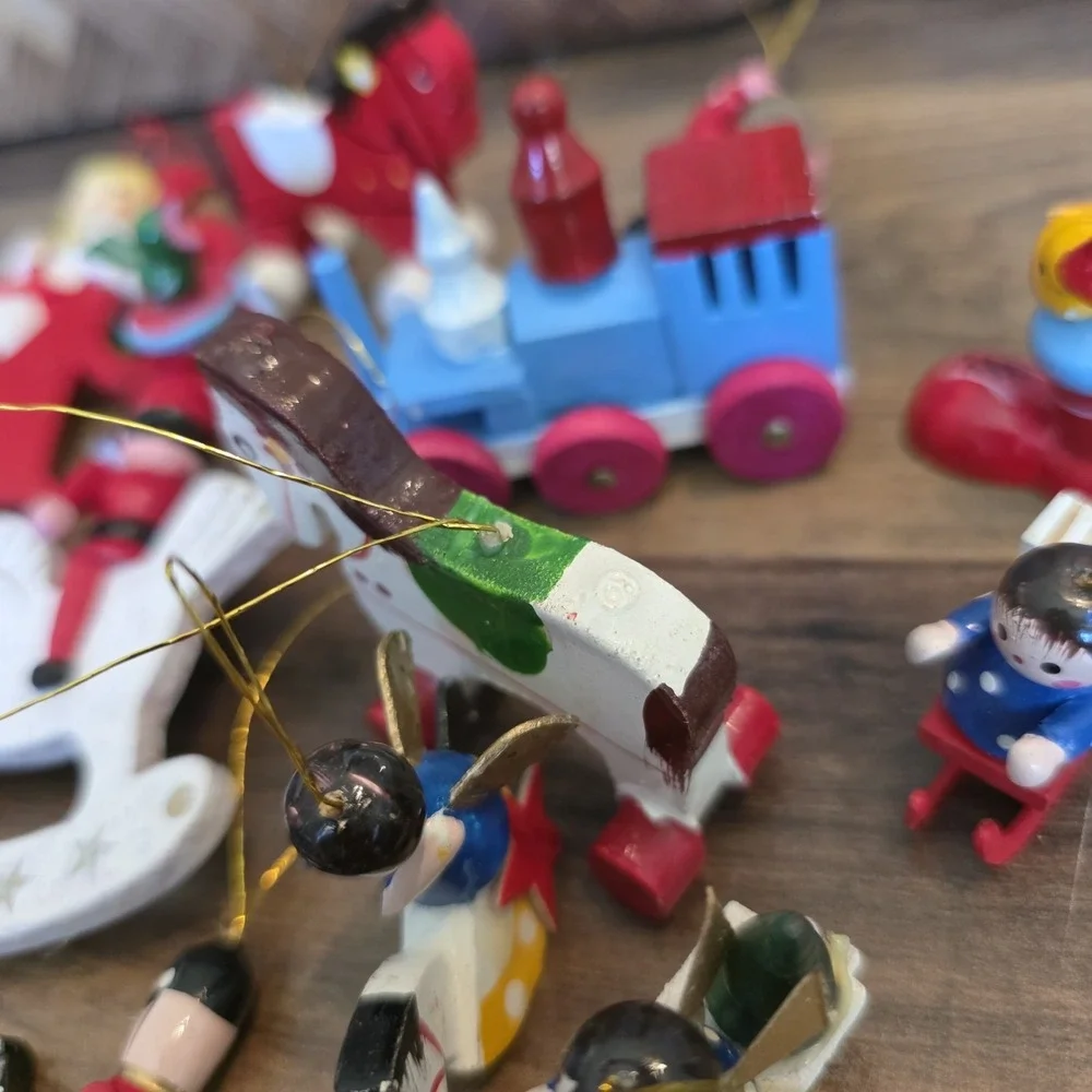 Wooden Christmas Tree Ornaments Lot of 14 Angel Train Toy Soldiers Sleigh Horses